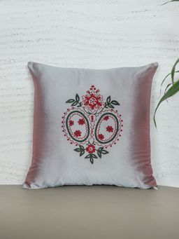 Zeba World - Square Cushion Cover for Sofa, Bed Floral Motif Embroidery - Polyester Grey 16x16 Inches
