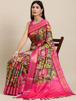 Vastranand - Pink & Green Kalamkari Print Uppada Saree with Unstitched Blouse