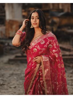 Sutra Attire - Dark Pink Floral Banarasi Georgette Saree with Unstitched Blouse