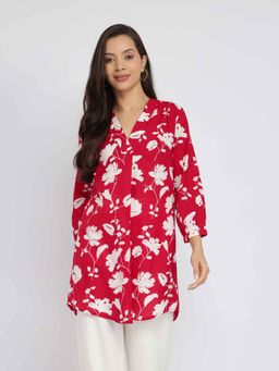 Pink Fort - Cotton Floral Pleated V-Neck Tunic - Red