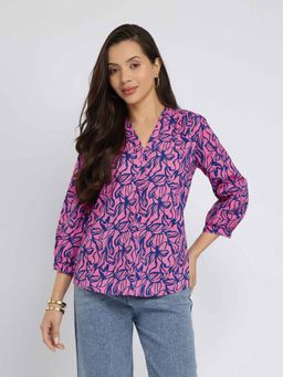 Pink Fort - Cotton Floral V-Neck Top - Pink
