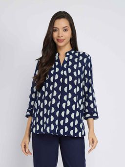 Pink Fort - Cotton Dabu Half Polka Print Top - Indigo Blue