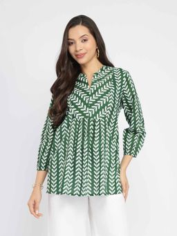 Pink Fort - Cotton Leaf Print Striped Top - Green