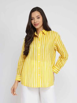 Pink Fort - Cotton Striped Full Sleeves Shirt - Yellow