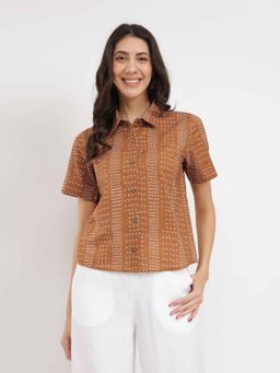 Pink Fort - Cotton Geometric Print Shirt - Tan