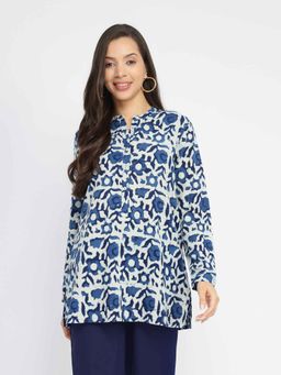 Pink Fort - Cotton Dabu Floral Buttoned Top - Indigo Blue