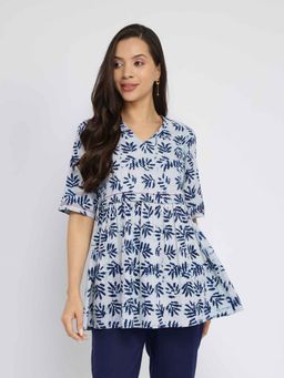 Pink Fort - Cotton Dabu Leaf Print Top - White