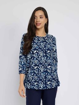 Pink Fort - Cotton Dabu Floral Print Top - Indigo Blue