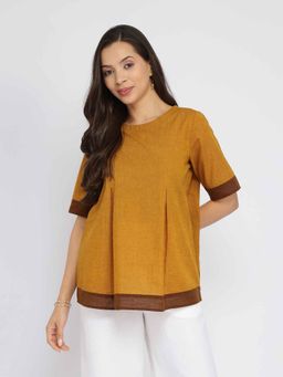 Pink Fort - Cotton Handwoven Colourblock Top - Yellow & Brown