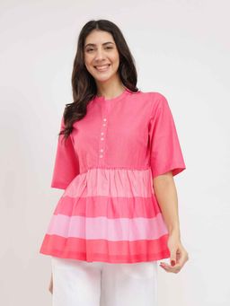 Pink Fort - Cotton Striped Peplum Top - Pink