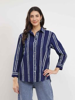 Pink Fort - Cotton Dabu Striped Shirt - Navy Blue