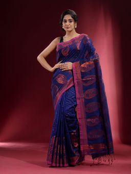 CHARUKRITI - Royal Blue with Zari Paisley Motif and Floral Design Saree with Unstitched Blouse