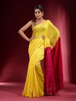 CHARUKRITI - Yellow Handwoven Matka Silk Saree with Contrast Pallu Saree with Unstitched Blouse