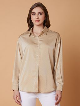 SHOWOFFFF - Womens Printed Spread Collar Beige Shirt