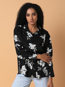 SHOWOFFFF - Womens Floral Spread Collar Black Drop Shoulder Oversized Shirt