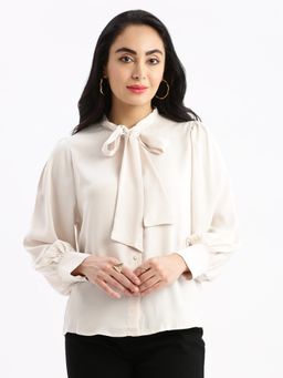 SHOWOFF - Womens Solid High Neck Cream Shirt