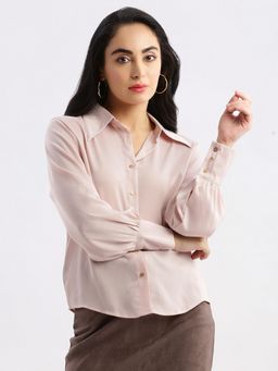 SHOWOFF - Womens Solid Spread Collar Peach Shirt