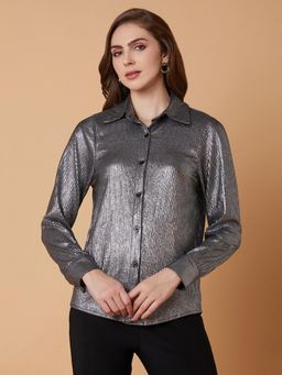 SHOWOFF - Womens Embellished Spread Collar Metallic Slim Fit Shirt