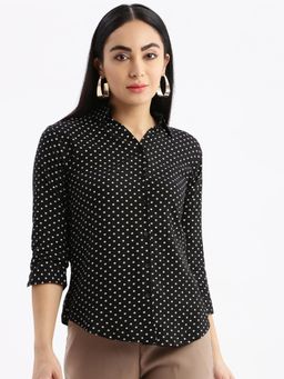 SHOWOFFFF - Womens Polka Dots Spread Collar Black Slim Fit Shirt