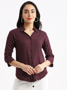 SHOWOFF - Womens Polka Dots Spread Collar Purple Slim Fit Shirt