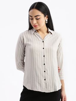 SHOWOFFFF - Womens Stripes Spread Collar Grey Slim Fit Shirt