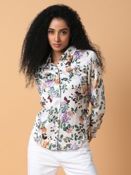 SHOWOFF - Womens Floral Spread Collar Cream Slim Fit Shirt