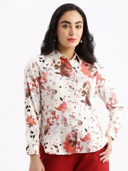 SHOWOFF - Womens Abstract Spread Collar Cream Slim Fit Shirt