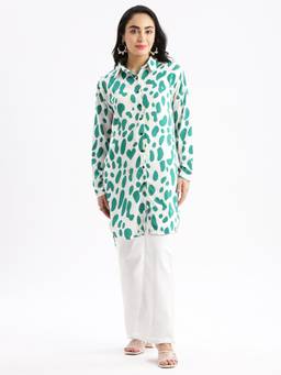 SHOWOFFFF - Womens Abstract Spread Collar White Slim Fit Long Shirt