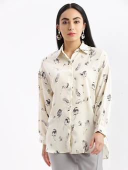 SHOWOFFFF - Womens Abstract Spread Collar Cream Drop Shoulder Oversized Shirt