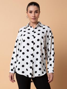 SHOWOFFFF - Womens Polka Dots Spread Collar Off White Drop Shoulder Oversized Shirt
