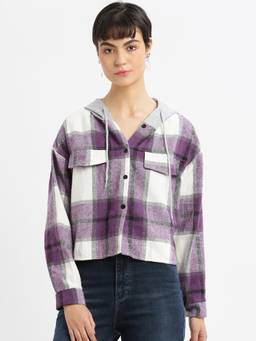 SHOWOFFFF - Womens Checks Hooded Purple Drop Shoulder Oversized Shirt