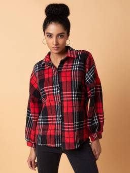 SHOWOFFFF - Womens Checks Spread Collar Red Drop Shoulder Oversized Shirt