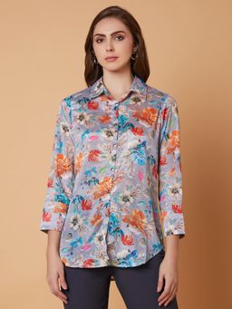 SHOWOFFFF - Womens Floral Spread Collar Grey Shirt