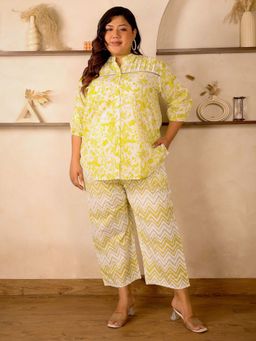 Indietoga Plus Size - Women Plus Size Lime Yellow Floral Printed Cotton Co-Ord Set