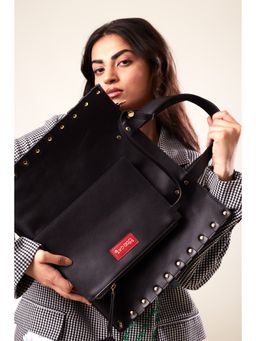 ODDCAT - Black Vegan Black Globetrotter Tote Bag with Detachable Sling (Set Of 2)