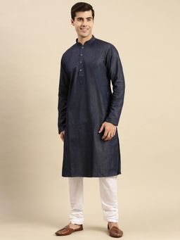 Sanwara - Mens Denim Blue Solid Cotton Ethnic Kurta (Set of 2)