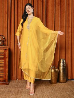MEENA BAZAAR - Mustard V-Neck Embroidered Kurta with Pant and Dupatta