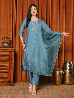 MEENA BAZAAR - Blue Women Round Neck Embroidered Kurta with Pant and Dupatta