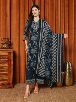 MEENA BAZAAR - Blue Women V-Neck Printed Kurta with Pant and Dupatta