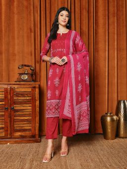 MEENA BAZAAR - Pink Women Round Neck Printed Kurta with Pant and Dupatta