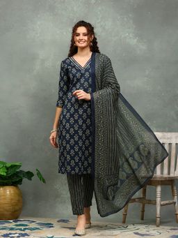 MEENA BAZAAR - Blue V-Neck Printed Kurta with Pant and Dupatta