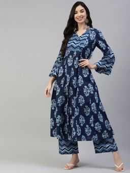 Poshak Hub - Blue V-Neck Printed Anarkali Kurta with Palazzo