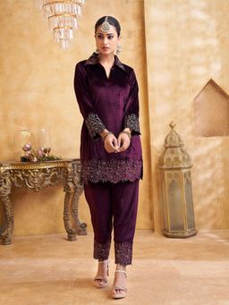 KAFTANIZE - Purple Collar Neck Embroidered Co-Ord Set
