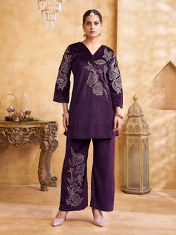 KAFTANIZE - Purple V-Neck Floral Co-Ord Set