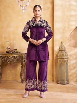 KAFTANIZE - Purple Collar Neck Embroidered Co-Ord Set