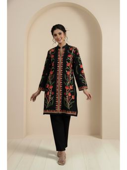 Zamour - Black Mandarin Neck Embroidered Kurta with Pant