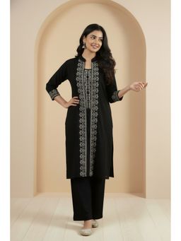 Zamour - Black Mandarin Neck Embroidered Top with Jacket with Pant