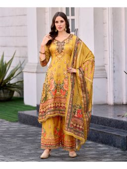 MOJILAA - Mustard Sweetheart Printed Kurta with Palazzo with Dupatta