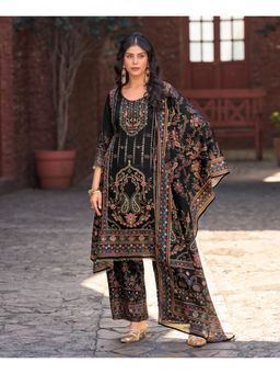 MOJILAA - Black Round Neck Printed Kurta with Palazzo with Dupatta