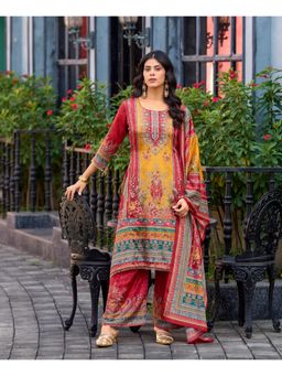 MOJILAA - Red Round Neck Printed Women Kurta with Palazzo with Dupatta
